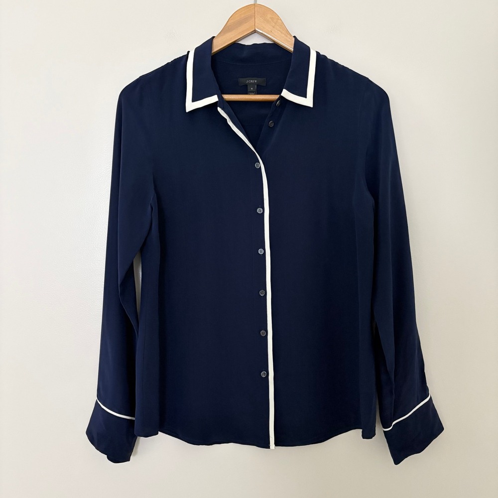 J.Crew Shirt Silk Button Down 6 Navy Blue Contrast Piping 63666 SP 13 Long Slv